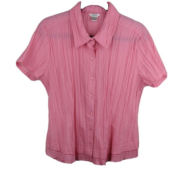 Christopher & Banks Tops - Christopher & Banks Pink Pleated Collar Button front short sleeve Blouse Size L